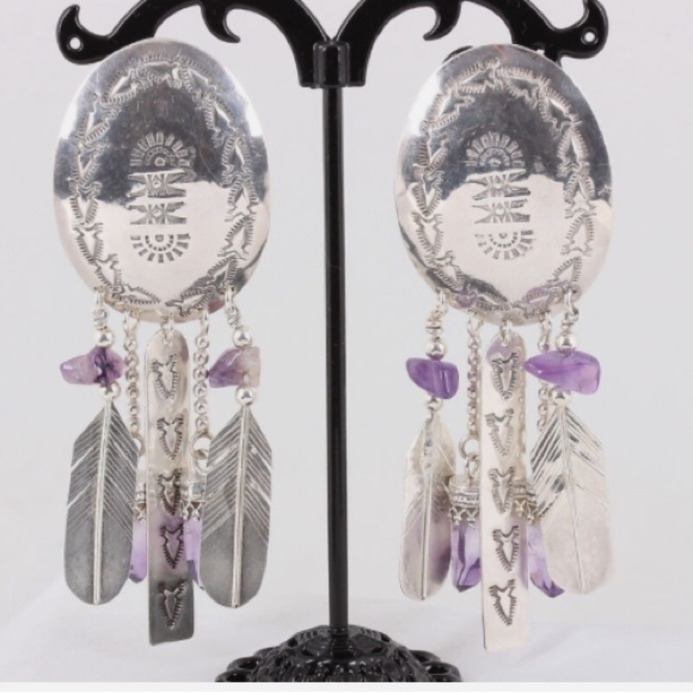 NATIVE STYLE EARRINGS W/ ETCHED DESIGN & amethyst